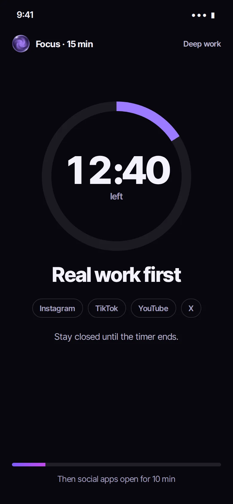Focus: 12:40 left, social apps stay closed