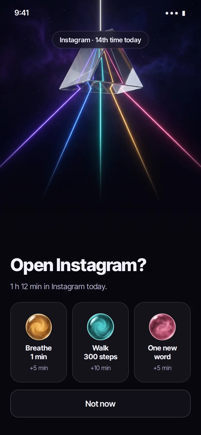 Rebeam pause screen: Open Instagram? Three tasks: breathe 1 minute, walk 300 steps, one new word. Not now.