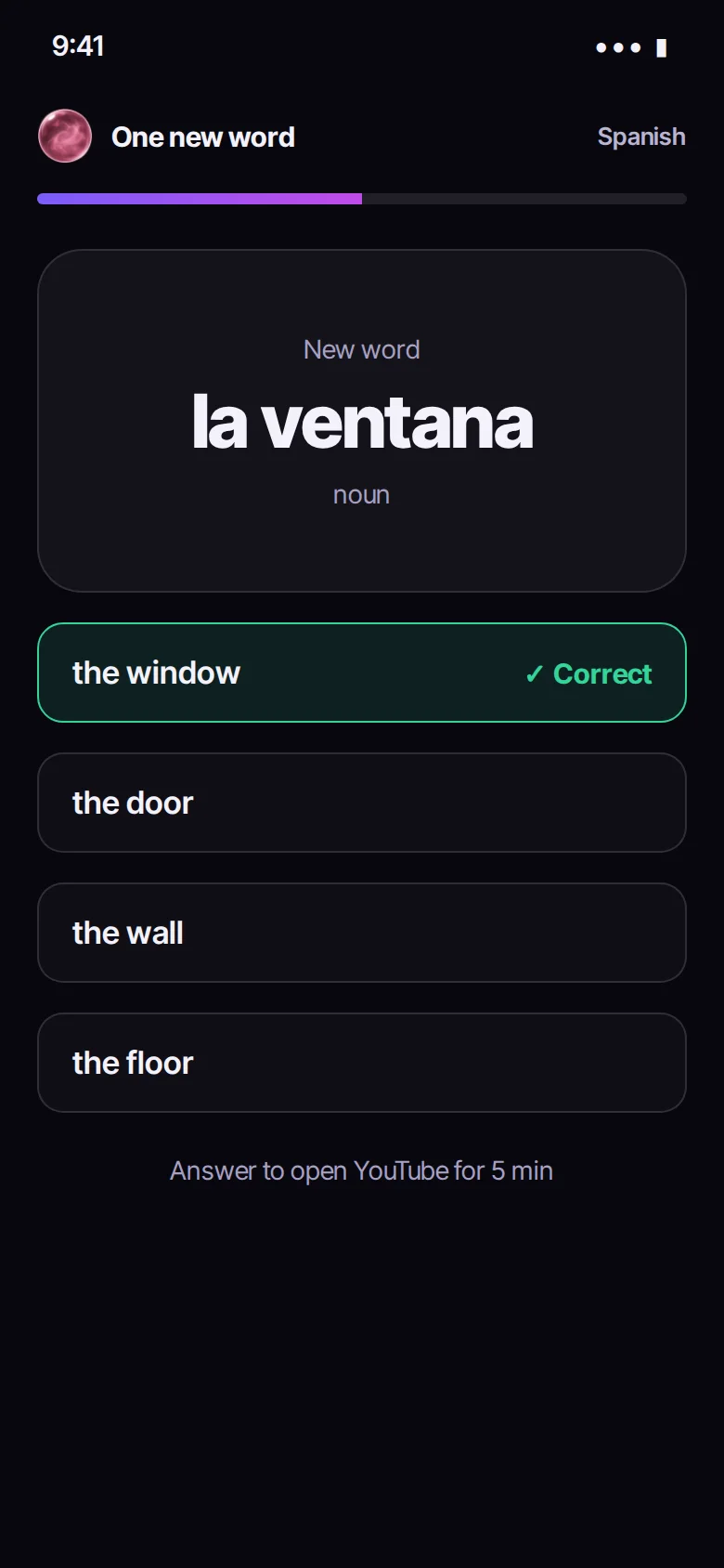 One new word: la ventana, pick the translation