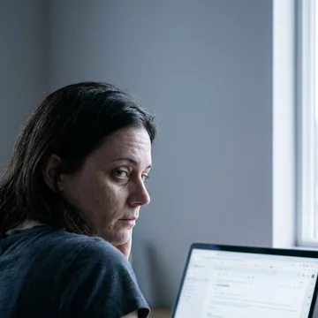 At the desk, turning from the laptop to the phone